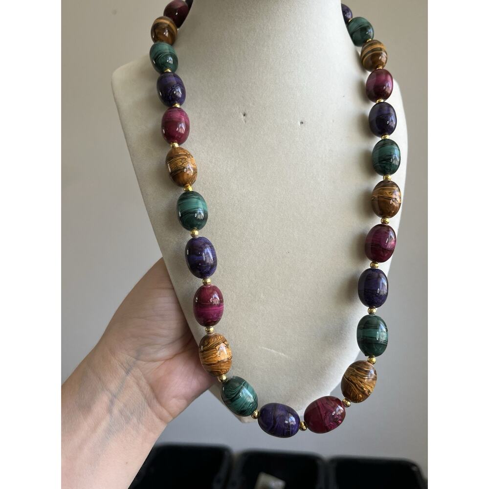 Chunky Funky Gold Painted Enameled Marbled Beaded Necklace Retro 22”